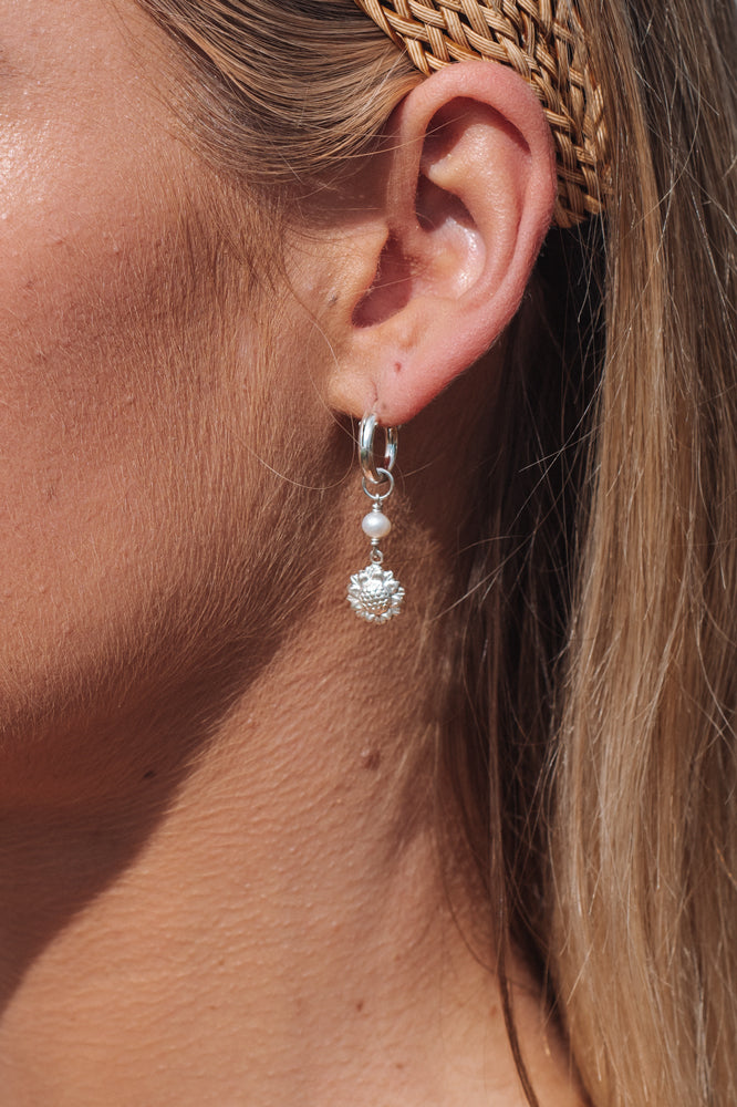 Sunflower and Pearl Hoop Sterling Silver