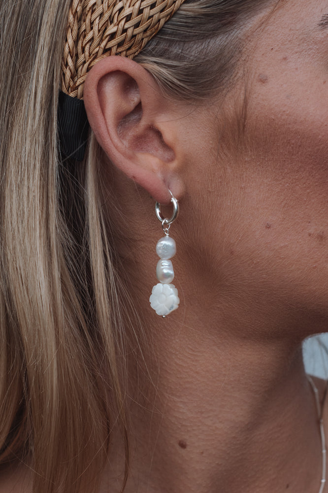 White Flower and Pearl Hoops Sterling Silver