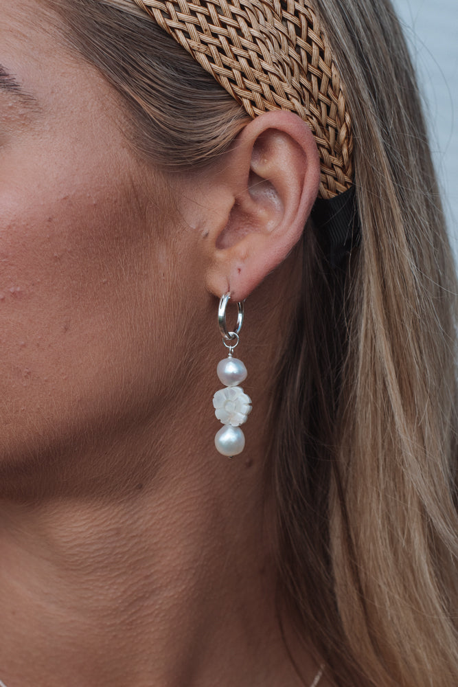 White Flower and Pearl Hoops Sterling Silver