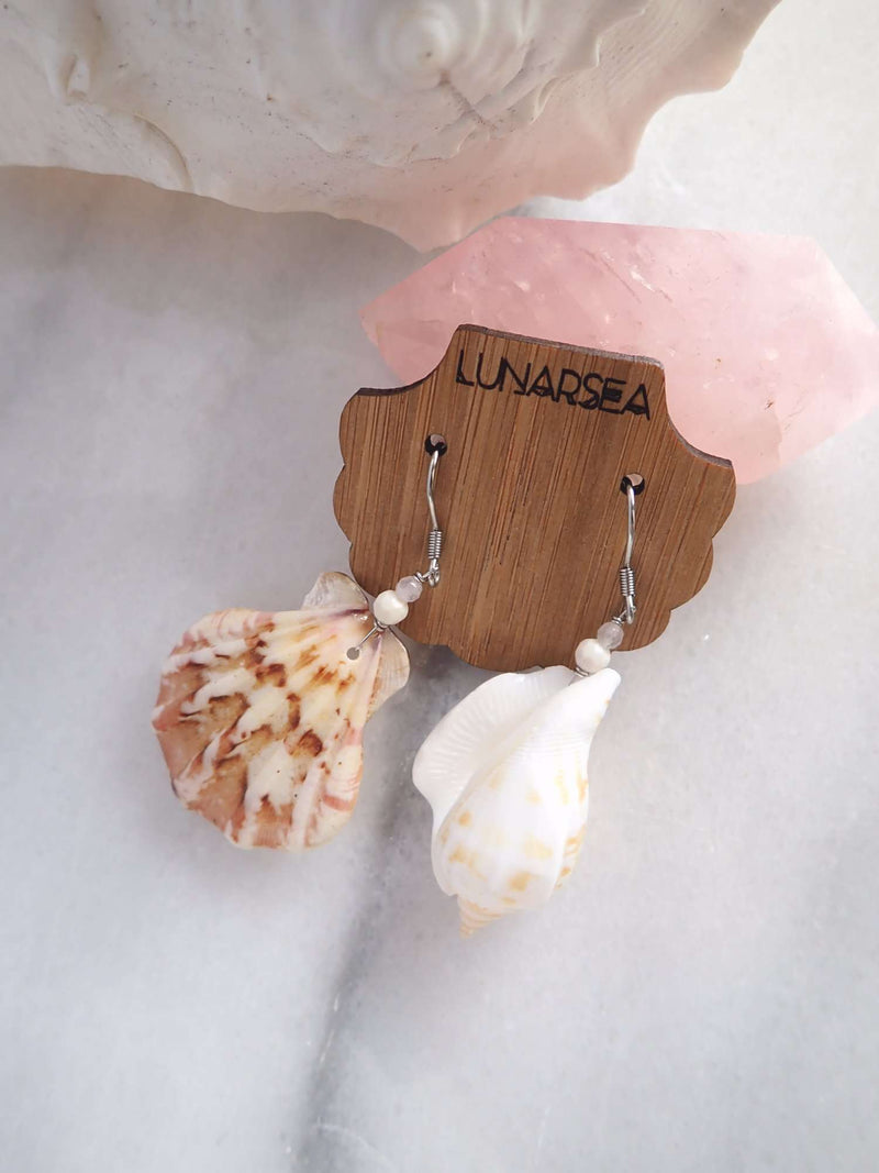Castaway Shell Earrings, Earrings with Scallop &amp; Cone Shell with Howlite &amp; Rose Quartz by Lunarsea Designs