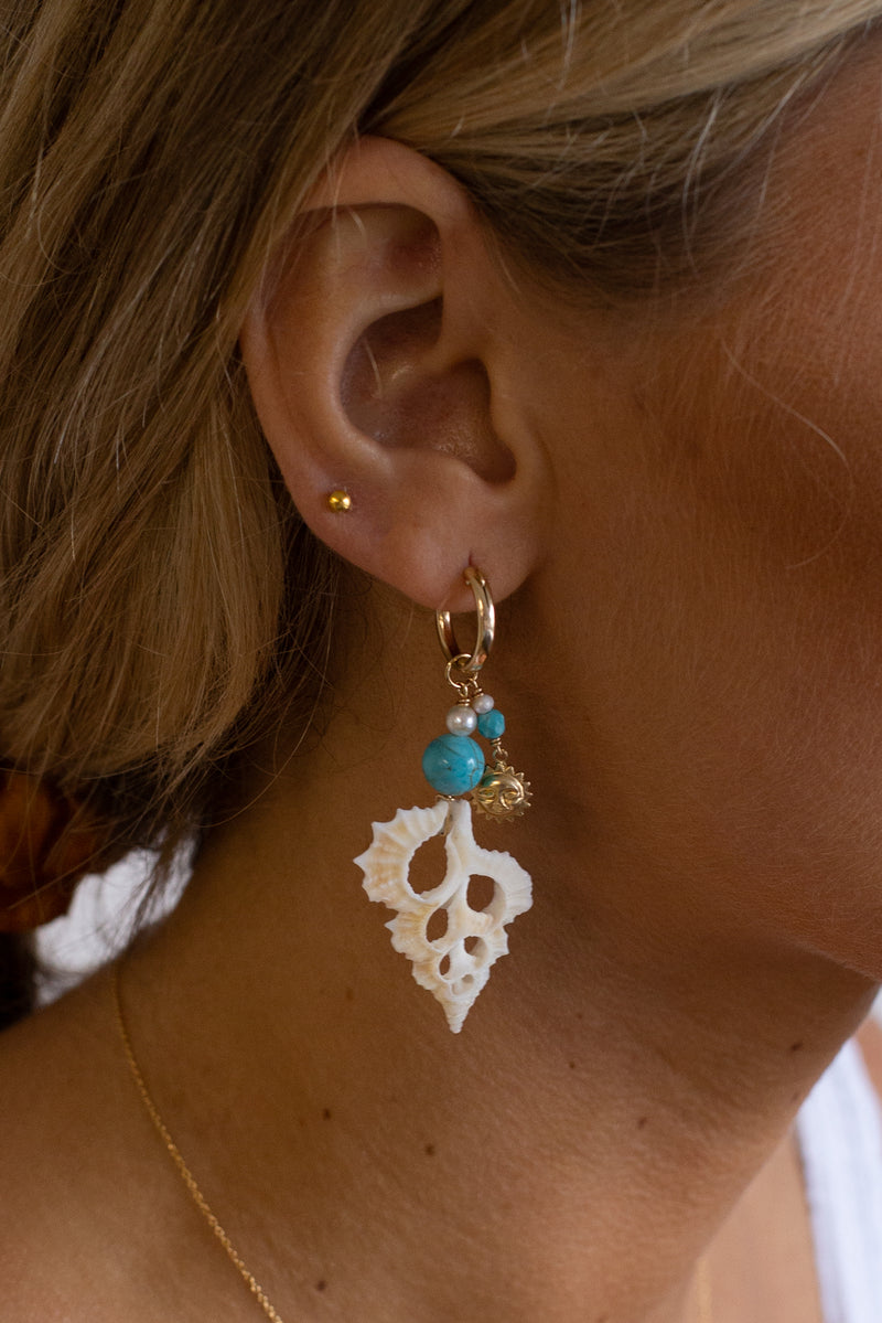 Castaway Turquoise Bead and Shell Hoops - Gold Fill