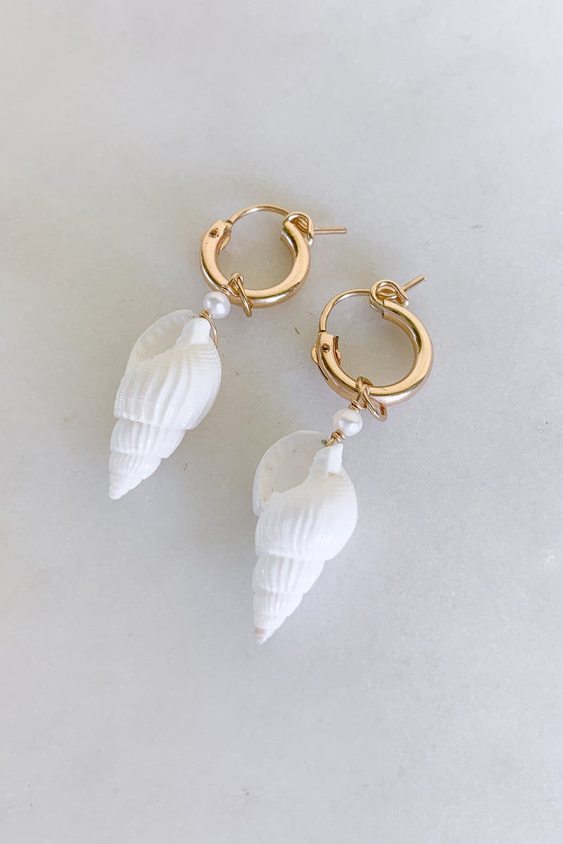 Cone Shell Pearl Hoops - Gold Fill