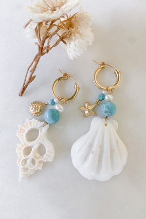 Castaway Turquoise Bead and Shell Hoops - Gold Fill