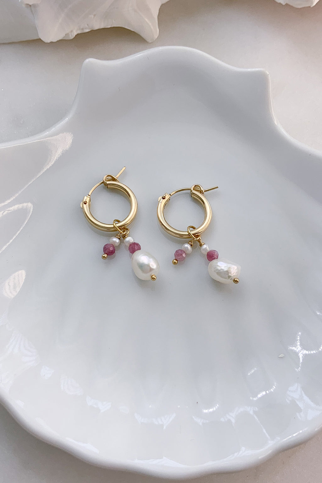 Two Pearl Pink Tourmaline Hoops - Gold Fill