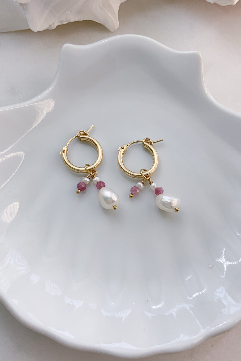 Two Pearl Pink Tourmaline Hoops - Gold Fill