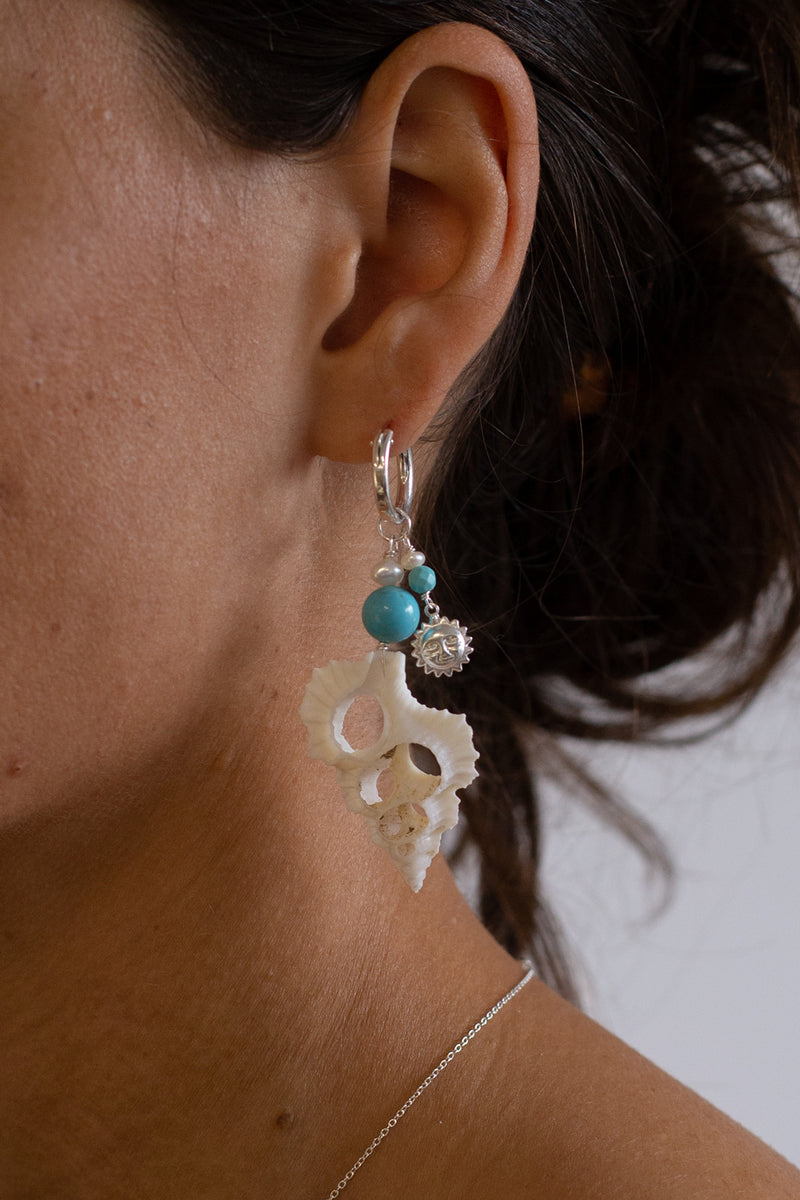 Castaway Turquoise Bead and Shell Hoops - Sterling Silver