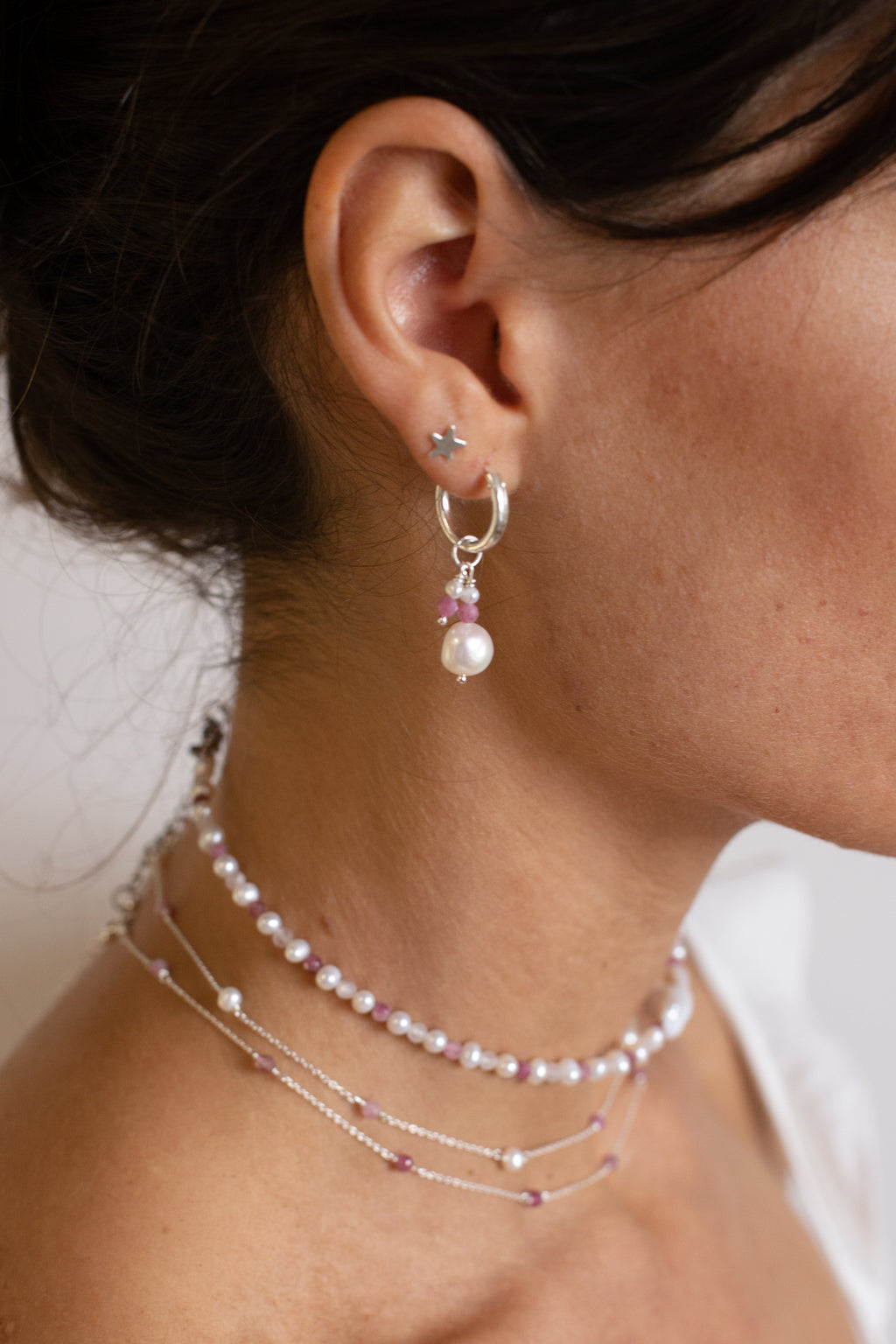 Two Pearl Pink Tourmaline Hoops - Sterling Silver