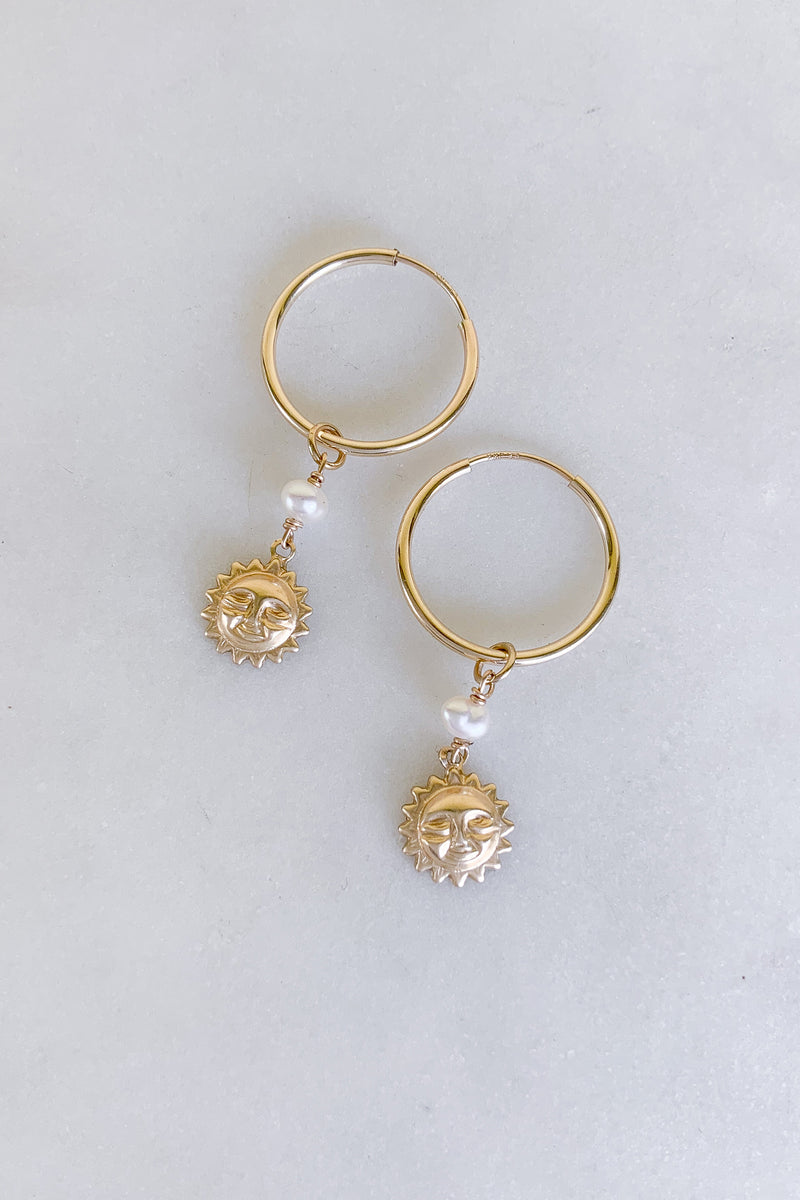 Sand Dollar Pearl Hoops - Gold Fill