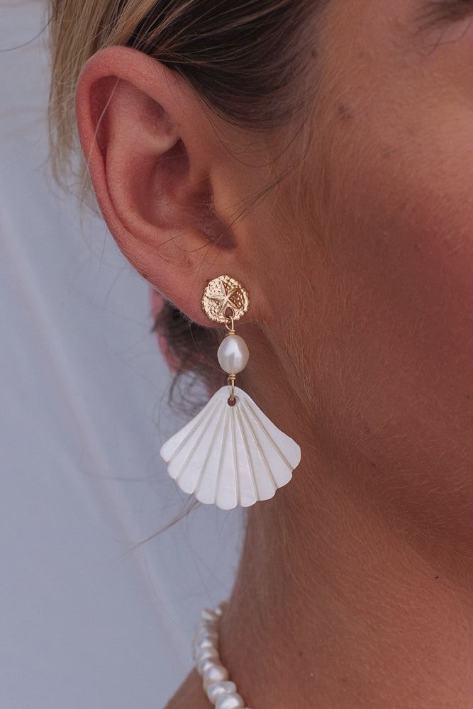 Sand Dollar Pearl and Mother of Pearl Stud Earrings - Gold Fill