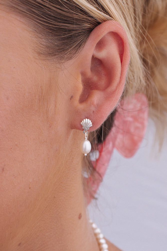Scallop Stud Pearl Earrings - Sterling Silver