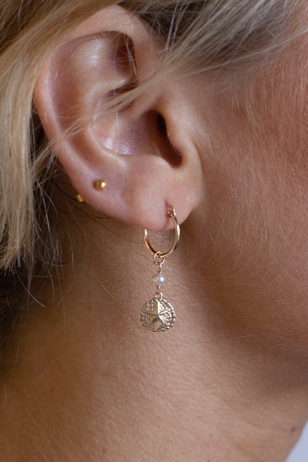 Sand Dollar Pearl Hoops - Gold Fill