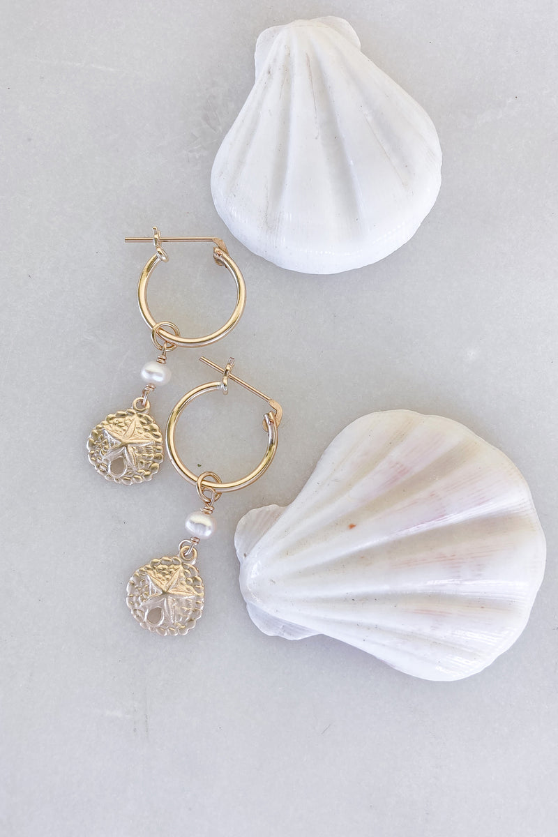 Sand Dollar Pearl Hoops - Gold Fill