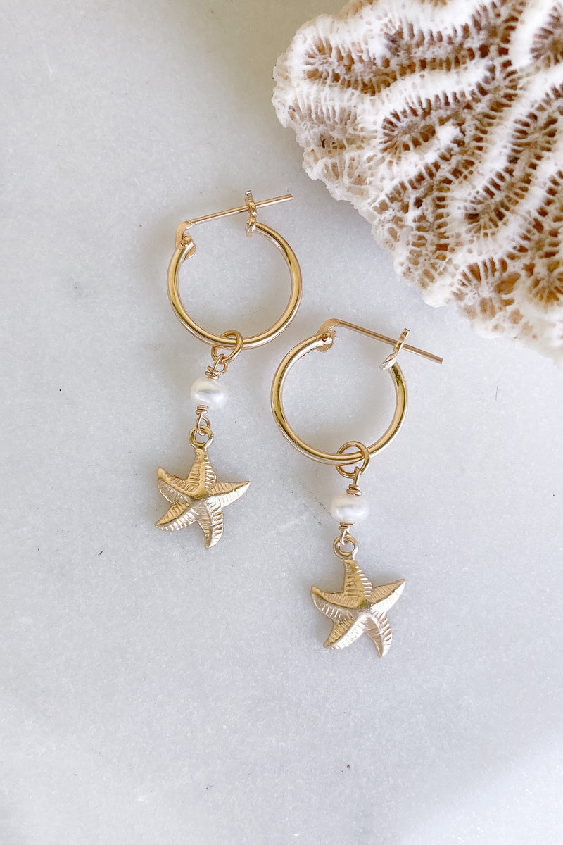 Starfish Pearl Hoops - Gold Fill