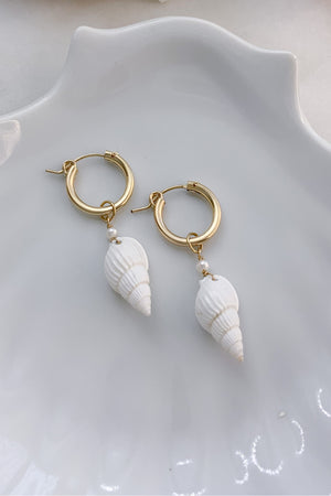 Cone Shell Pearl Hoops - Gold Fill