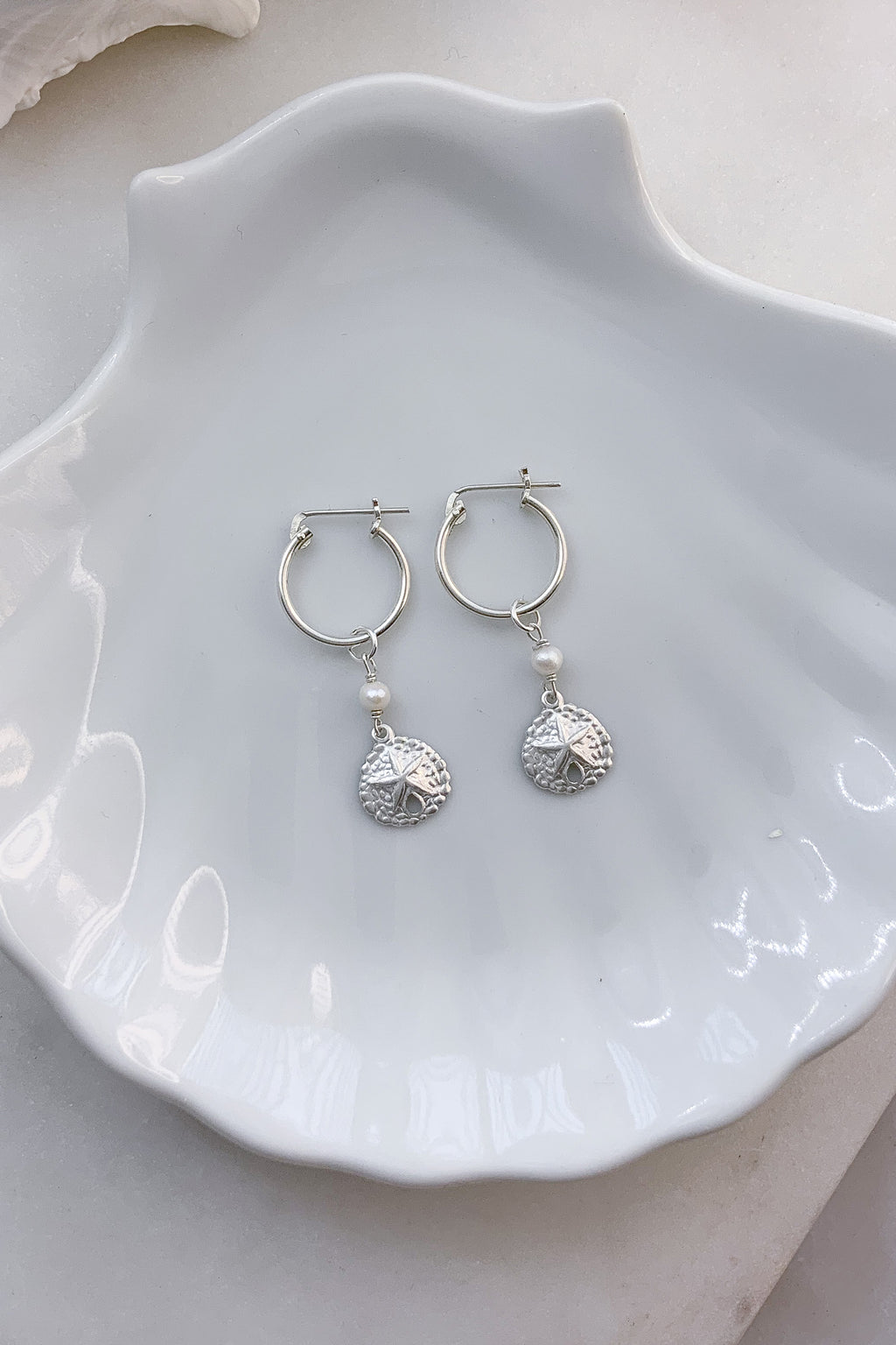 Sand Dollar Pearl Hoops - Sterling Silver