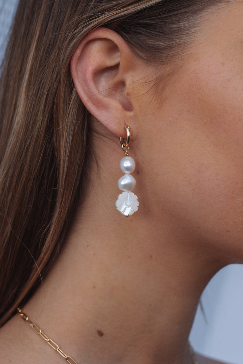 White Flower and Pearl Hoops Gold Fill