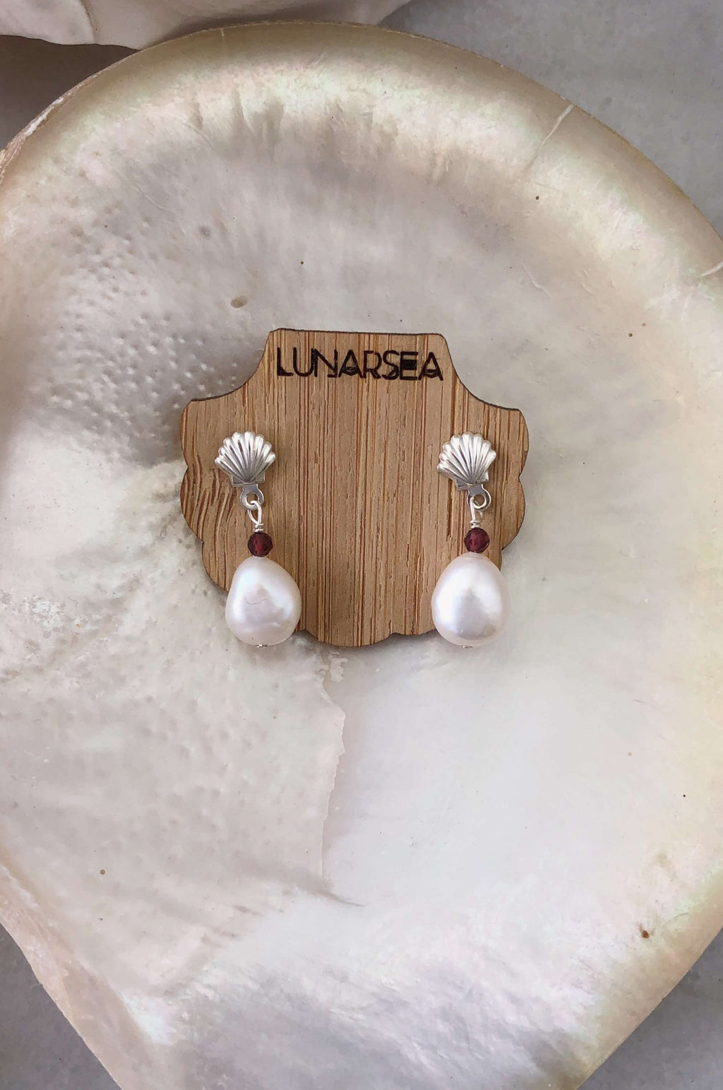 Sterling Silver Shell &amp; Pearl Studs, Earrings with garnet by Lunarsea Designs