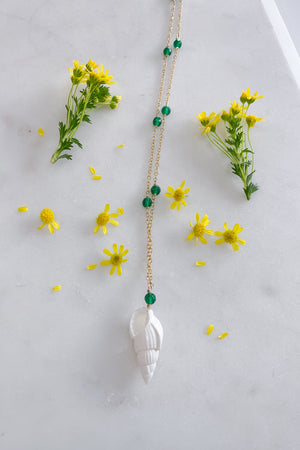 Green Agate Cone Shell Necklace Gold Fill