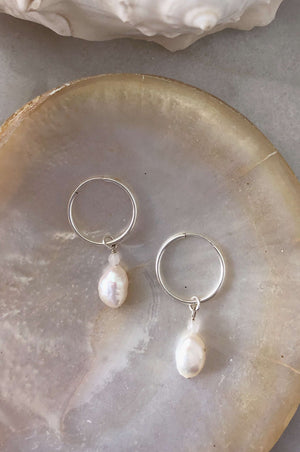 Sterling Silver Pearl Hoops, Earrings with Rose Quartz by Lunarsea Designs