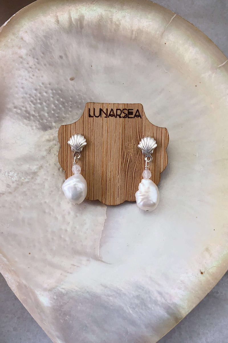 Sterling Silver Shell &amp; Pearl Studs, Earrings with rose quartz by Lunarsea Designs