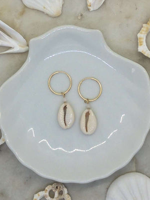 Gold Fill Cowrie Shell Hoops, Earrings with Rose Quartz by Lunarsea Designs