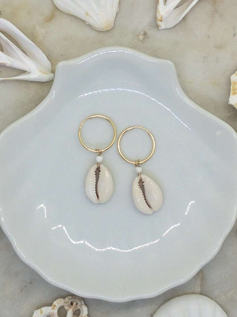 Gold Fill Cowrie Shell Hoops, Earrings with Howlite by Lunarsea Designs