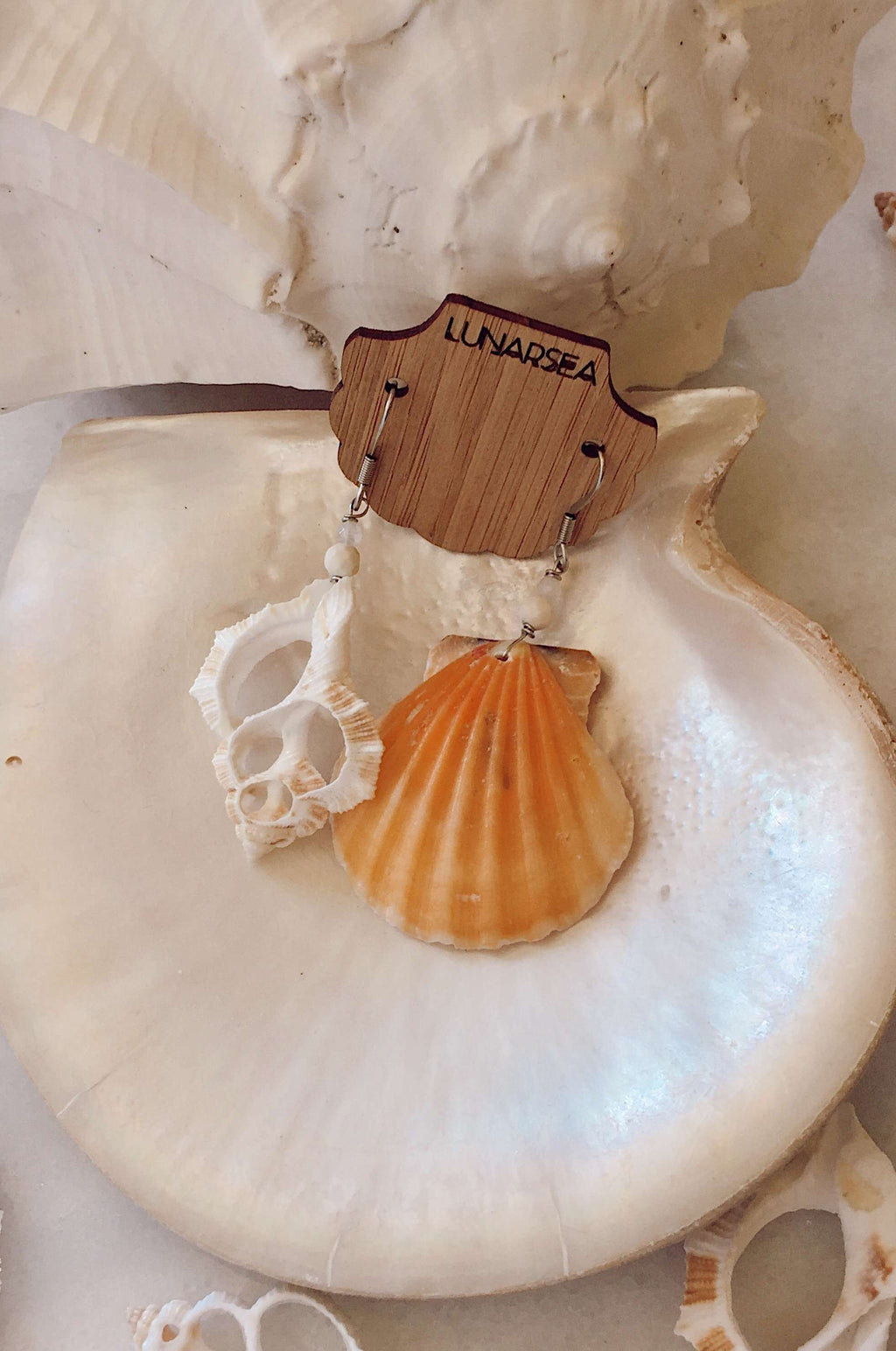 Castaway Shell Earrings, Earrings with Orange Scallop + White Slice by Lunarsea Designs