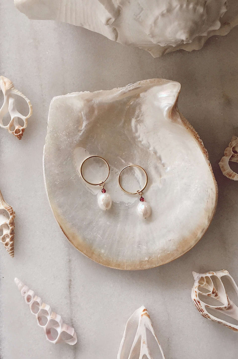 Gold Fill Pearl Hoops, Earrings with Garnet by Lunarsea Designs