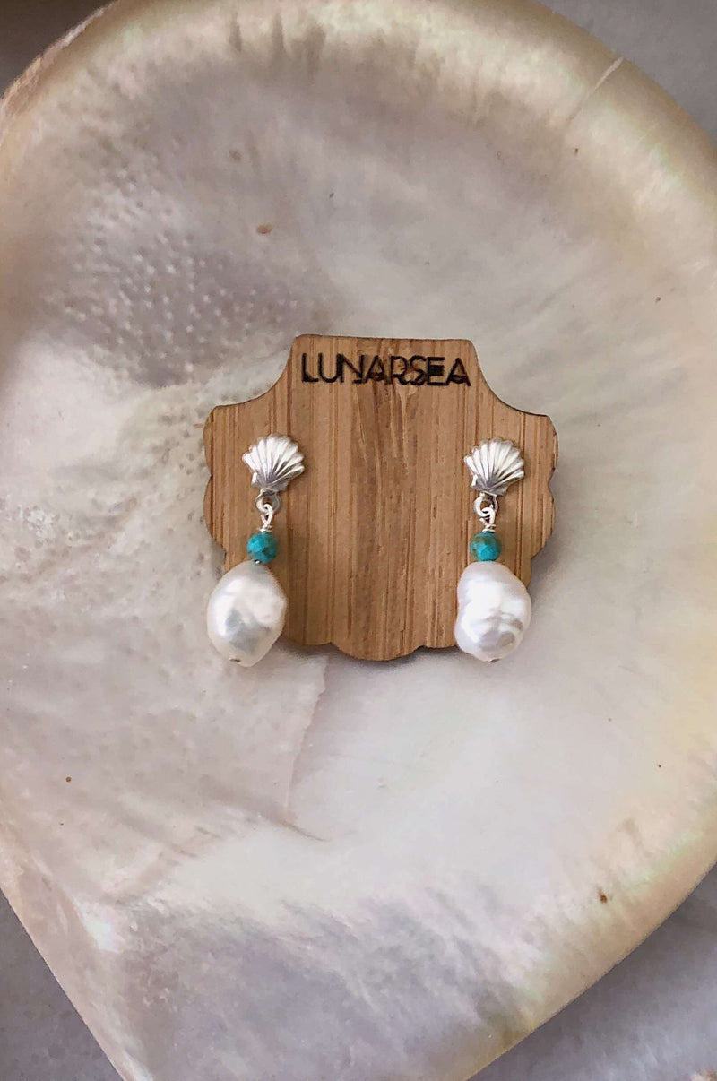 Sterling Silver Shell &amp; Pearl Studs, Earrings with turquoise by Lunarsea Designs