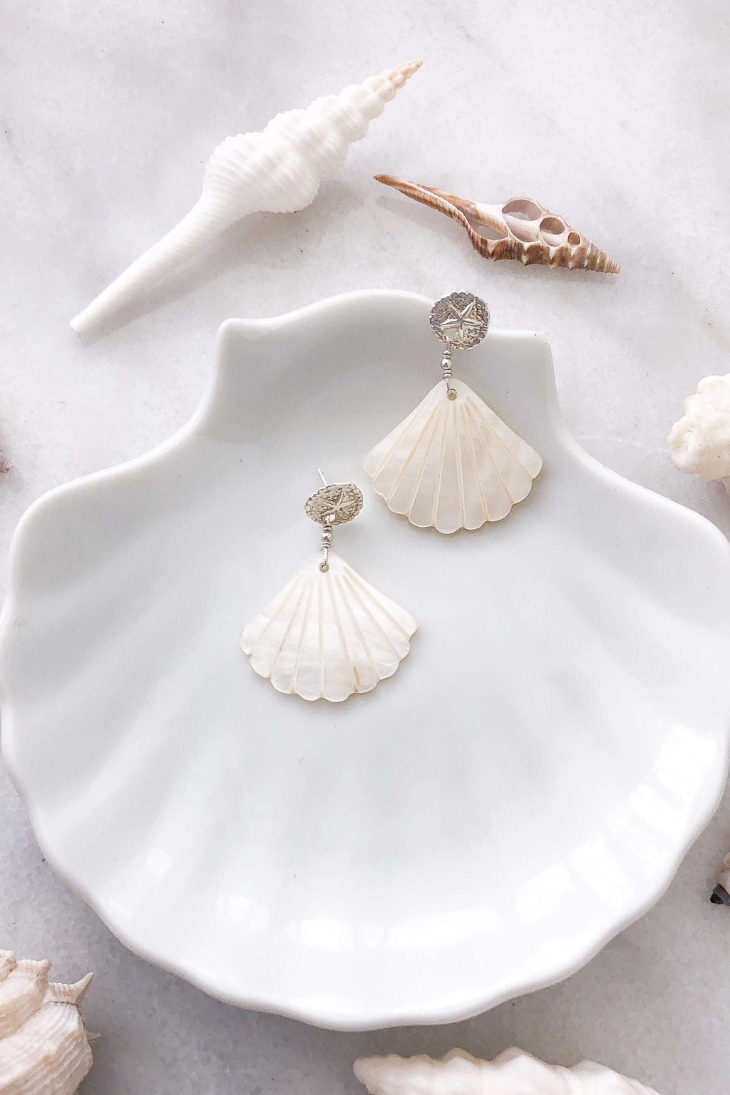 Sand Dollar &amp; Pearl Shell Studs - Silver, Earrings with  by Lunarsea Designs