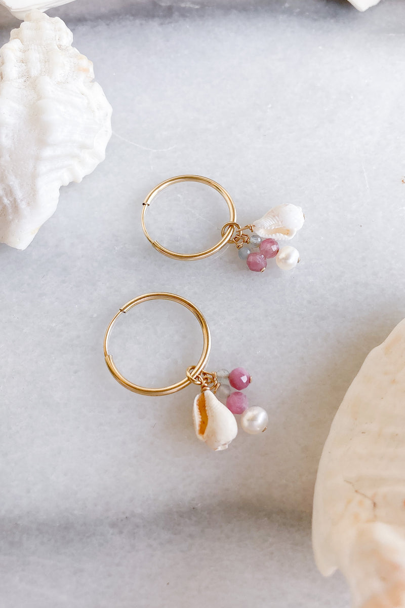 gold fill shells stones hoops 