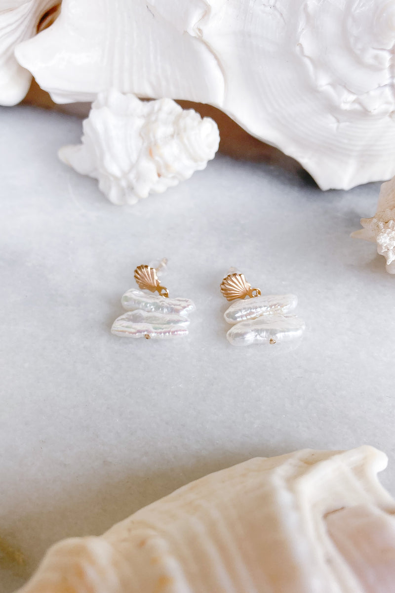 keshi pearls gold shell stud earrings 