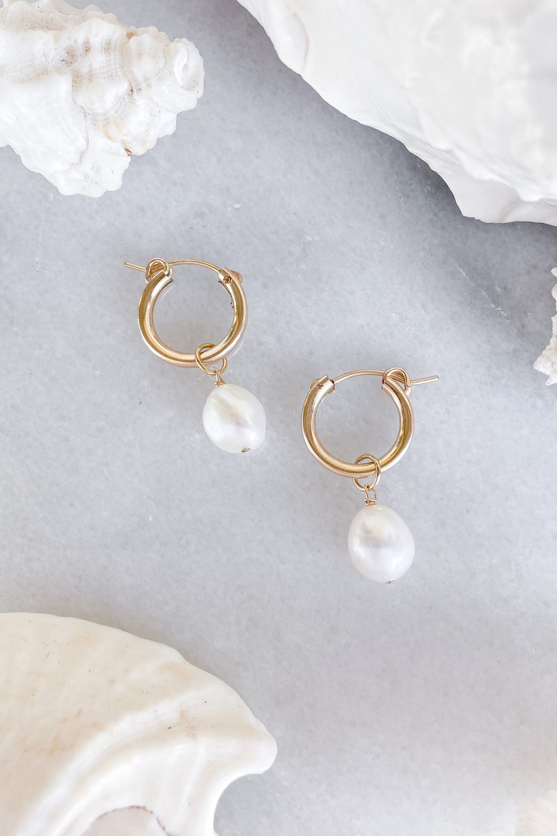 pearl hoops gold fill earrings
