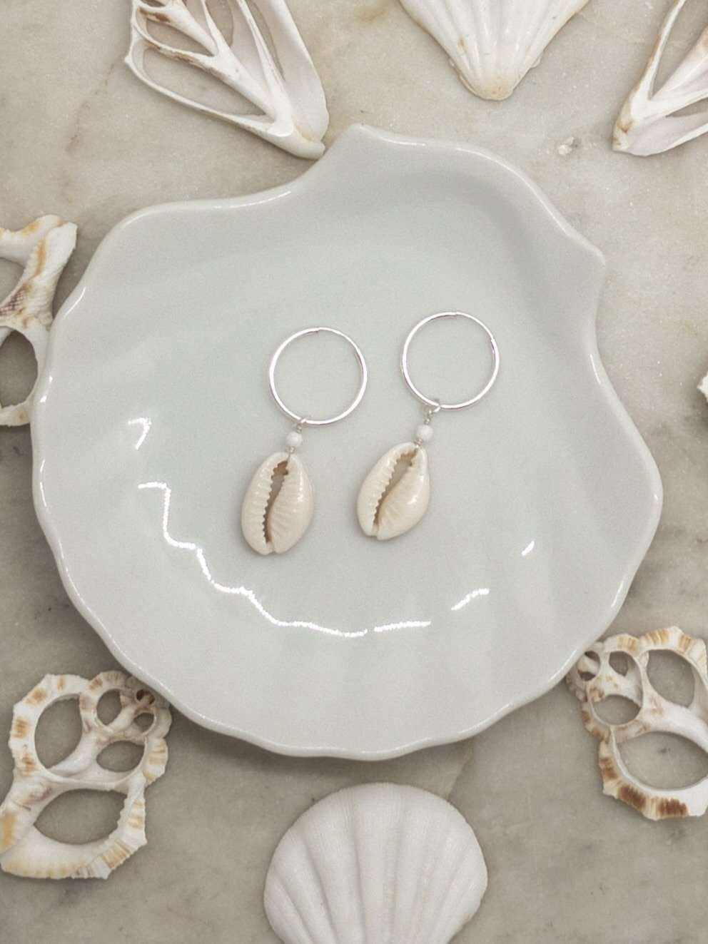 Sterling Silver Cowrie Shell Hoops, Earrings with Howlite by Lunarsea Designs