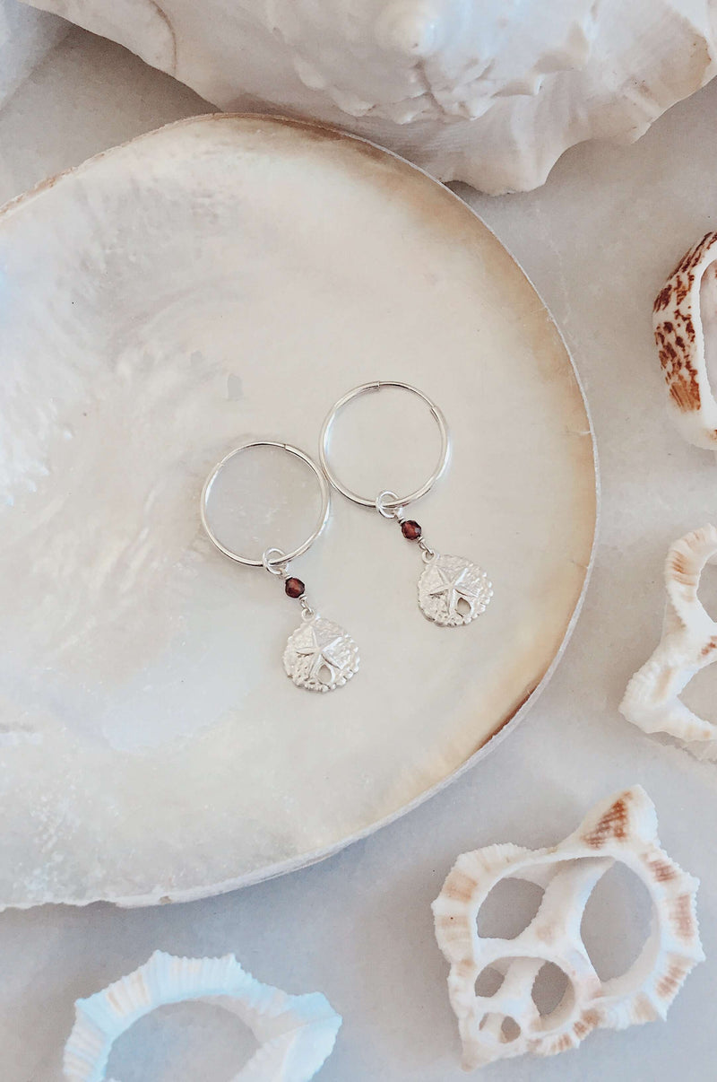 Sterling Silver Sandollar Hoops, Earrings with Garnet by Lunarsea Designs