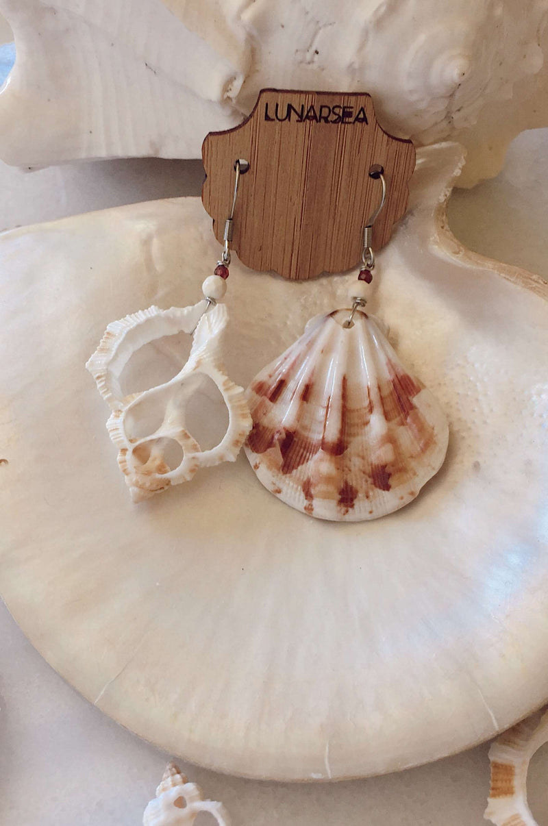 Castaway Shell Earrings, Earrings with Pink Scallop + White Slice by Lunarsea Designs