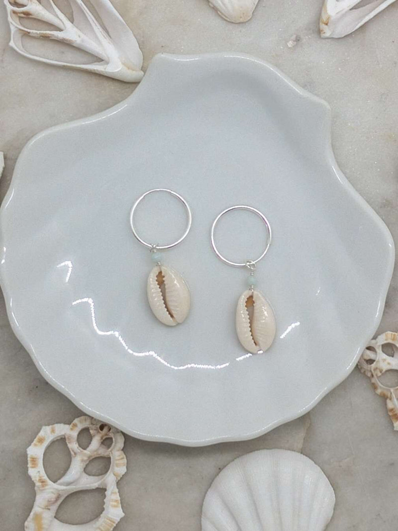 Sterling Silver Cowrie Shell Hoops, Earrings with Amazonite by Lunarsea Designs