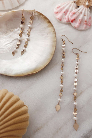 Gold Fill Pearl &amp; Disc Chain Earrings - Long, Earrings with  by Lunarsea Designs