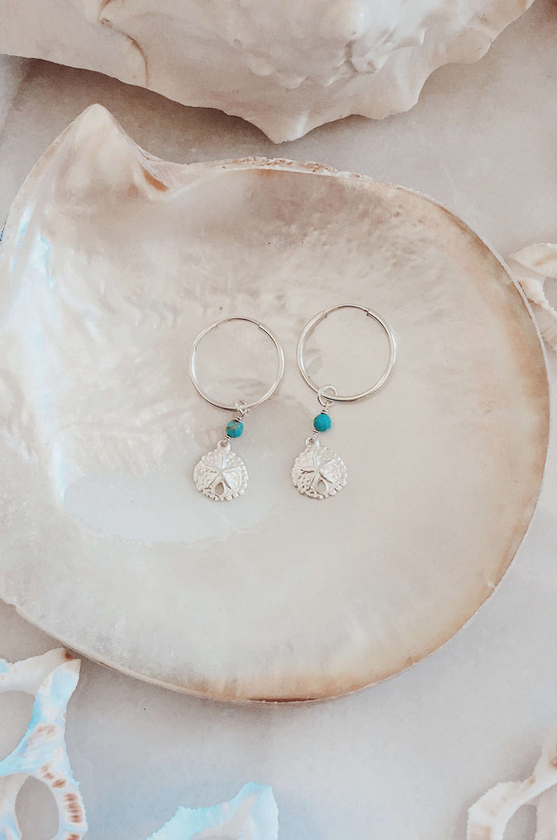 Sterling Silver Sandollar Hoops, Earrings with Turquoise by Lunarsea Designs