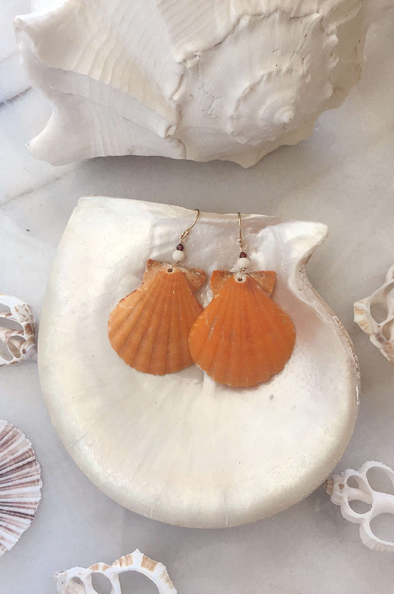 Gold Fill Castaway Earrings, Earrings with Orange Scallops by Lunarsea Designs