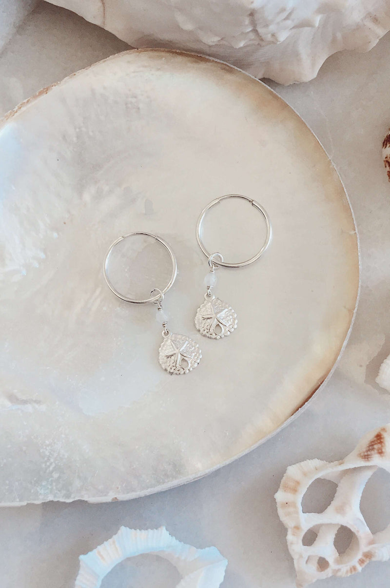 Sterling Silver Sandollar Hoops, Earrings with Rose Quartz by Lunarsea Designs