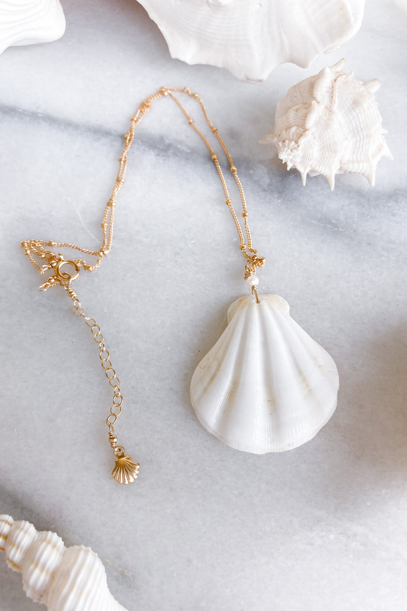 gold necklace white shell 