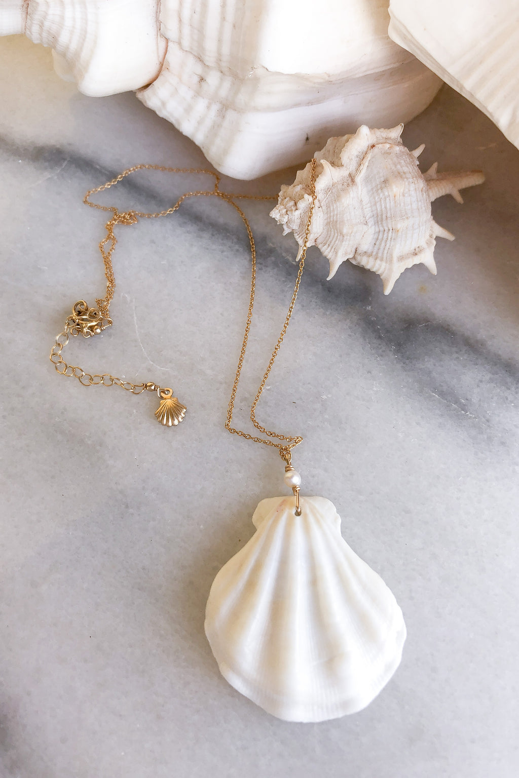 white shell necklace gold fill