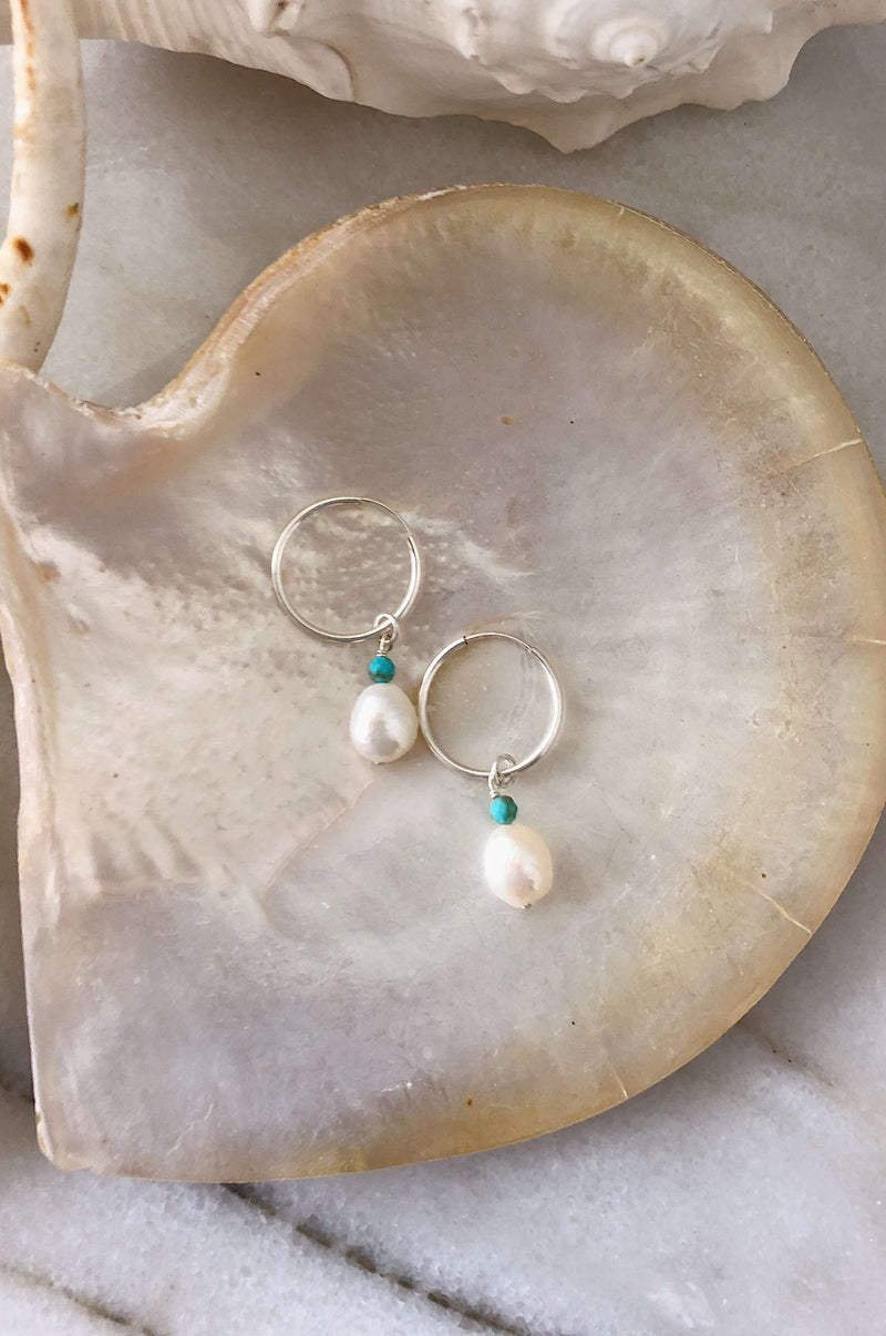 Sterling Silver Pearl Hoops, Earrings with Turquoise by Lunarsea Designs