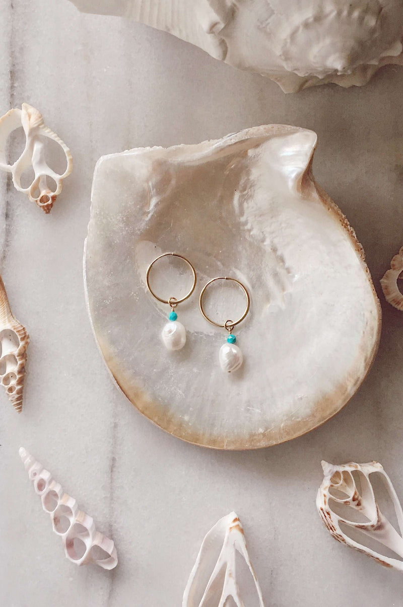 Gold Fill Pearl Hoops, Earrings with Turquoise by Lunarsea Designs