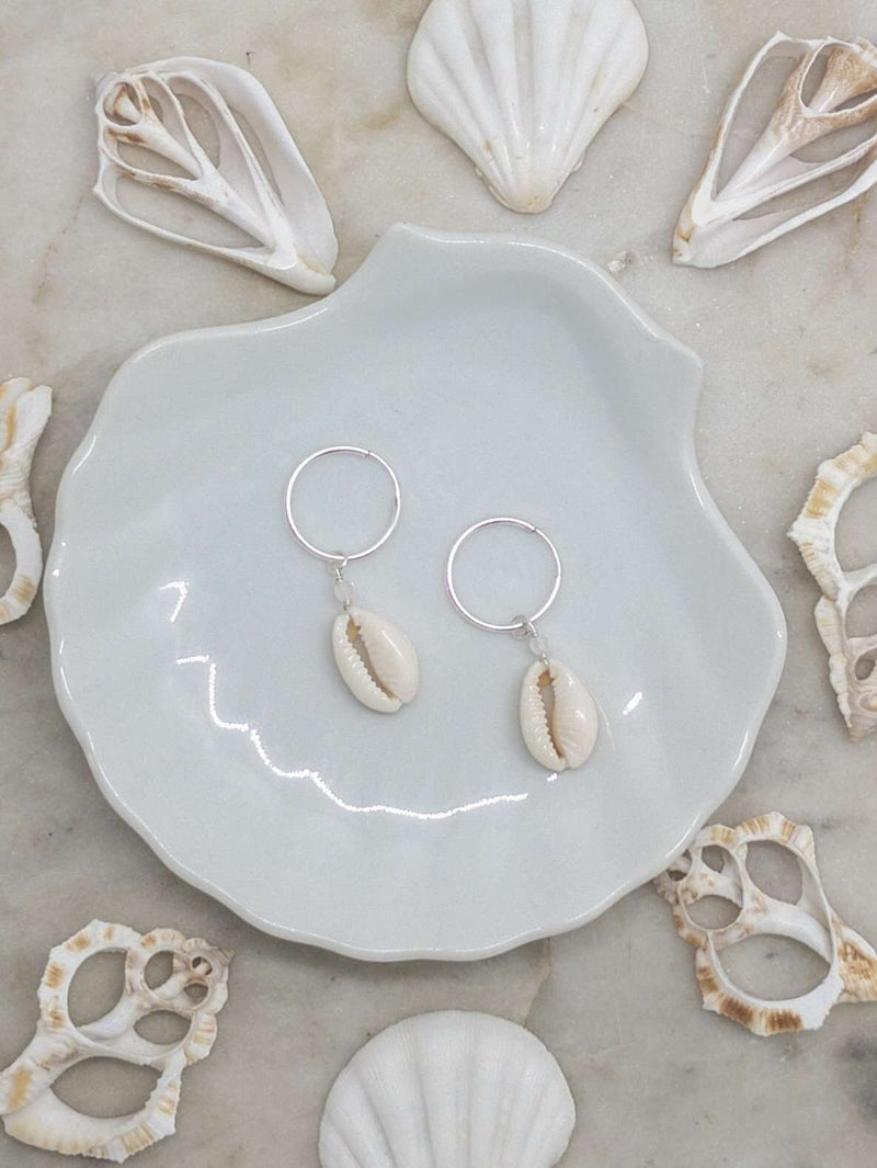 Sterling Silver Cowrie Shell Hoops, Earrings with Rose Quartz by Lunarsea Designs