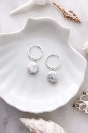 Round Pearl Hoops - Silver, Earrings with  by Lunarsea Designs