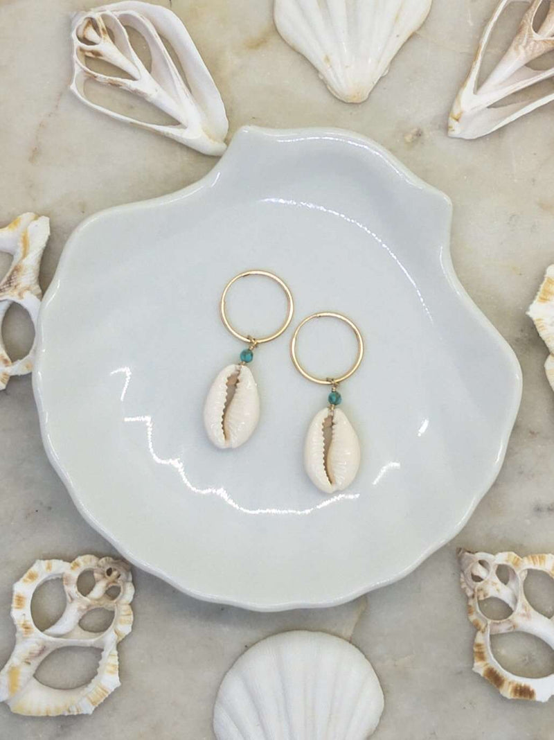 Gold Fill Cowrie Shell Hoops, Earrings with Turquoise by Lunarsea Designs