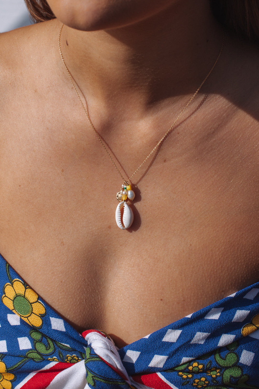 Cowrie Pearl Flower Necklace Gold Fill