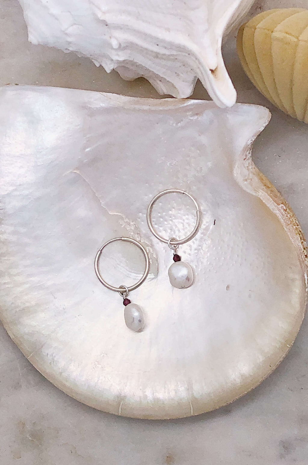 Sterling Silver Pearl Hoops, Earrings with Garnet by Lunarsea Designs